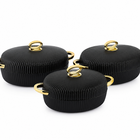 Bonjour President Premium Stainless Steel Casserole Set of 3 with Magnetic Lid (1500ml, 2000ml & 2500ml) | Double Wall Insulated Hot Pot | Elegant Black & Gold Finish