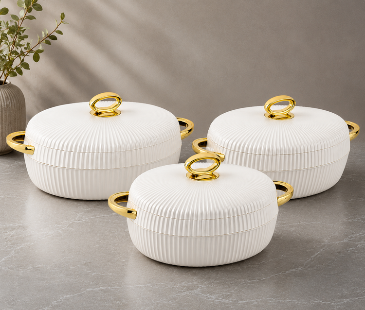 Bonjour President Premium Stainless Steel Casserole Set of 3 with Magnetic Lid (1500ml, 2000ml & 2500ml) | Double Wall Insulated Hot Pot | Elegant White & Gold Finish