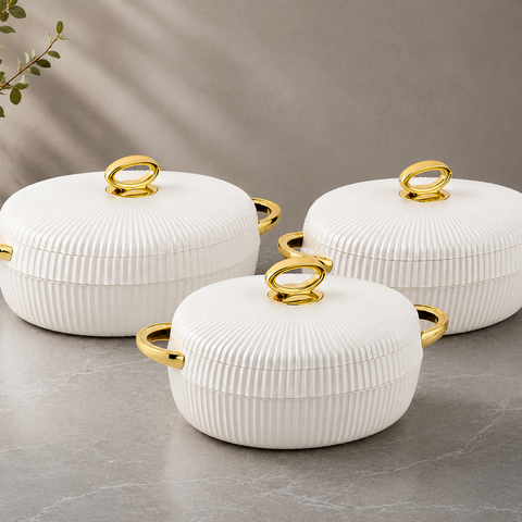 Bonjour President Premium Stainless Steel Casserole Set of 3 with Magnetic Lid (1500ml, 2000ml & 2500ml) | Double Wall Insulated Hot Pot | Elegant White & Gold Finish