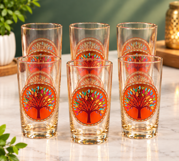 280ml Tree of Life Printed Glass Tumbler Set of 6 | Decorative Drinking Glasses for Juice, Water & Beverages