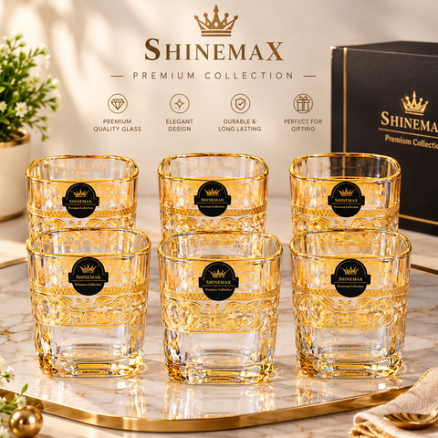 SHINEMAX Premium 390ml Whisky Glass Set of 6 | Elegant Gold Printed Whiskey & Juice Glasses | Luxury Drinking Glasses for Home, Bar & Gifting