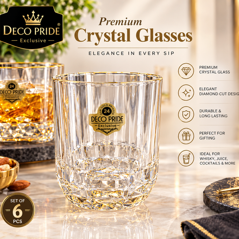 DecoPride 400ml Whisky Glass Set of 6 | Premium Crystal Drinking Glasses with Gold Printed Diamond Cut Design | Whiskey, Juice & Cocktail Glasses | Luxury Barware Set