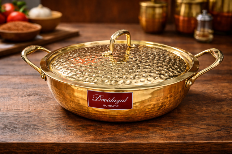 Devidayal Premium Brass Kadhai with Lid 22cm (2.4Ltrs)- Traditional Hammered Design, Durable & Elegant Cookware