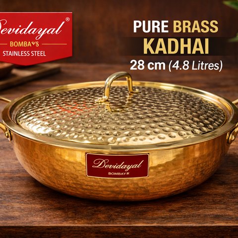 Devidayal Premium Brass Kadhai with Lid 28cm (4.8Ltrs)- Traditional Hammered Design, Durable & Elegant Cookware
