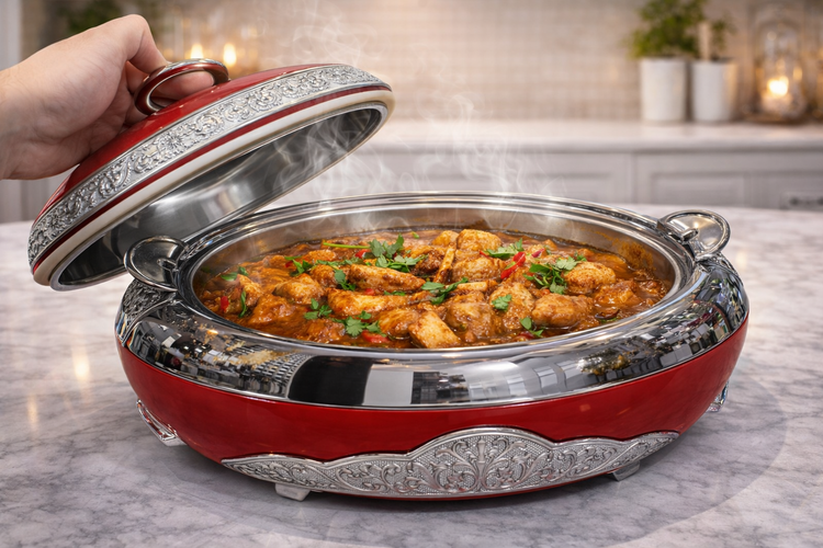 Bonjour Grandeur Elegant Designer Casserole 3500ml – Red & Silver Premium Insulated Hotpot | Stylish Stainless Steel Serveware for Kitchen & Dining