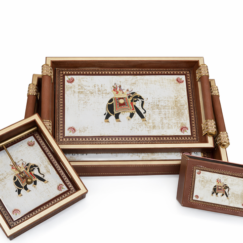 Luxury 4-Piece Wooden Leather Tray Set | Includes Cutlery Holder, Tissue Holder & 2 Trays | Enamel Coated Waterproof (Copy)