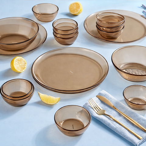 Borosil 27pc Aura Indiaβs First Coloured Handcrafted Dinner Set | Made in India Borosilicate Glass Tableware | Microwave, Dishwasher & Oven Safe | Crockery for Gifting & Dining (Brown)