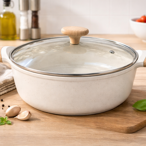 KROSLO Cookware Sierra Nonstick Saute Pot Cook & Serve Pot with Tempered Glass Lid Induction Bottom Non-Stick Coated Cookware Set (Aluminium, 1 - Piece)- 28cm(4.5Ltr)