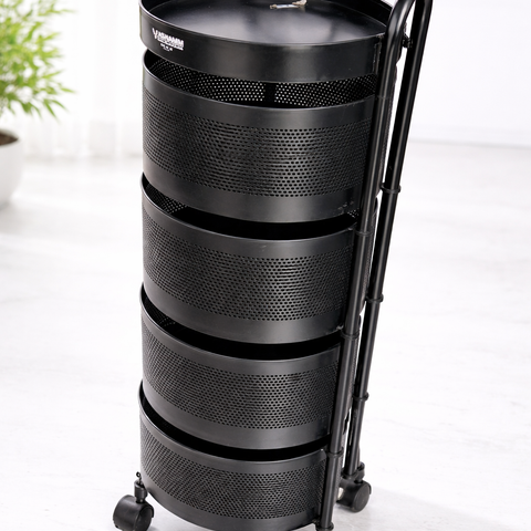 4 Tier Round Metal Vegetable Trolley with Wheels | Multipurpose Kitchen Storage Cart | Heavy-Duty Mesh Basket Organizer (Powder Coated)