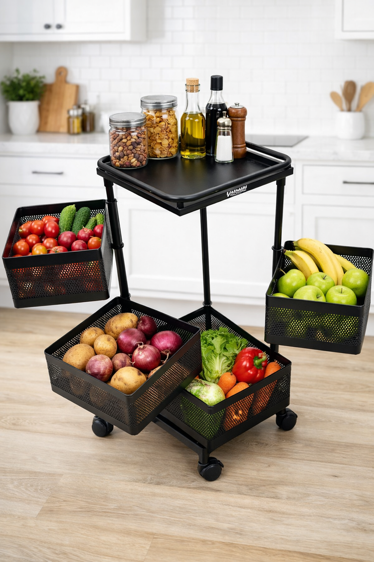 4 Tier Square Metal Vegetable Trolley with Wheels | Multipurpose Kitchen Storage Cart | Heavy-Duty Mesh Basket Organizer (Powder Coated)