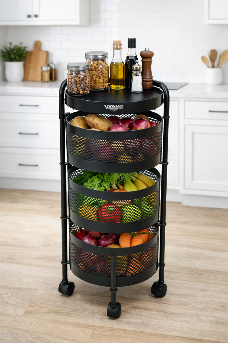 3 Tier Round Metal Vegetable Trolley with Wheels | Multipurpose Kitchen Storage Cart | Heavy-Duty Mesh Basket Organizer (Powder Coated)