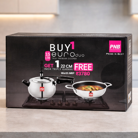 PNB Kitchenmate Euro Duo 3.5 Litre Triply Stainless Steel Pressure Cooker with Free 22 cm Triply Honeycomb Coated Kadhai | Induction & Gas Compatible | Premium Cookware Combo