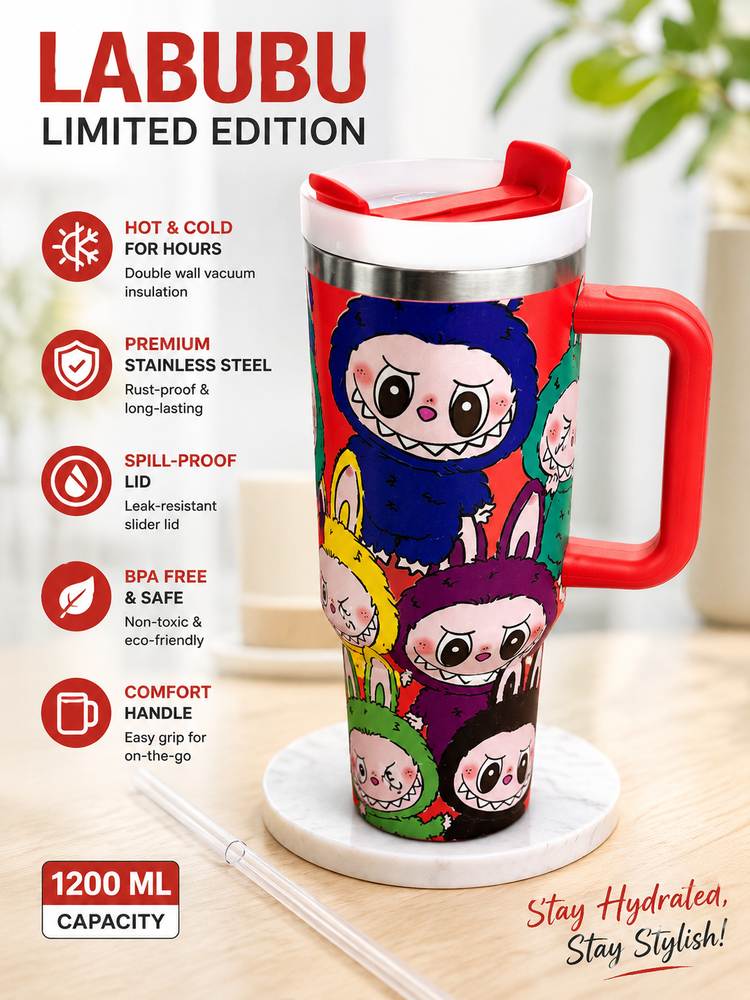 1200ml Labubu Limited Edition Stainless Steel Insulated Tumbler with Handle, Lid & Reusable Straw | Double Wall Vacuum Travel Mug | Hot & Cold Coffee Cup | BPA Free