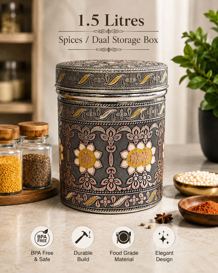 Salem 1.5 Litre 304 Grade Stainless Steel Storage Jar with Airtight Lid | Handmade Etching Work | Premium Spice, Daal & Dry Fruit Container | Food Grade Kitchen Storage Canister