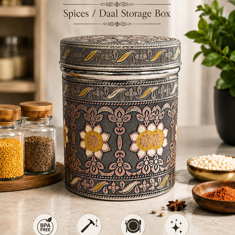 Salem 1.5 Litre 304 Grade Stainless Steel Storage Jar with Airtight Lid | Handmade Etching Work | Premium Spice, Daal & Dry Fruit Container | Food Grade Kitchen Storage Canister
