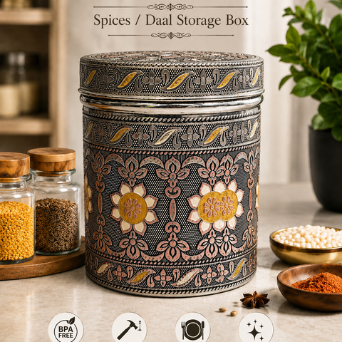 Salem 2 Litre 304 Grade Stainless Steel Storage Jar with Airtight Lid | Handmade Etching Work | Premium Spice, Daal & Dry Fruit Container | Food Grade Kitchen Storage Canister