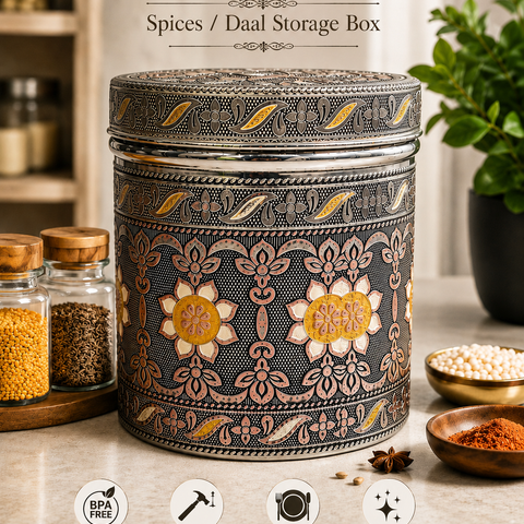 Salem 2.5 Litre 304 Grade Stainless Steel Storage Jar with Airtight Lid | Handmade Etching Work | Premium Spice, Daal & Dry Fruit Container | Food Grade Kitchen Storage Canister