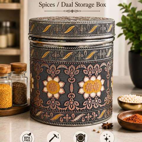 Salem 3 Litre 304 Grade Stainless Steel Storage Jar with Airtight Lid | Handmade Etching Work | Premium Spice, Daal & Dry Fruit Container | Food Grade Kitchen Storage Canister