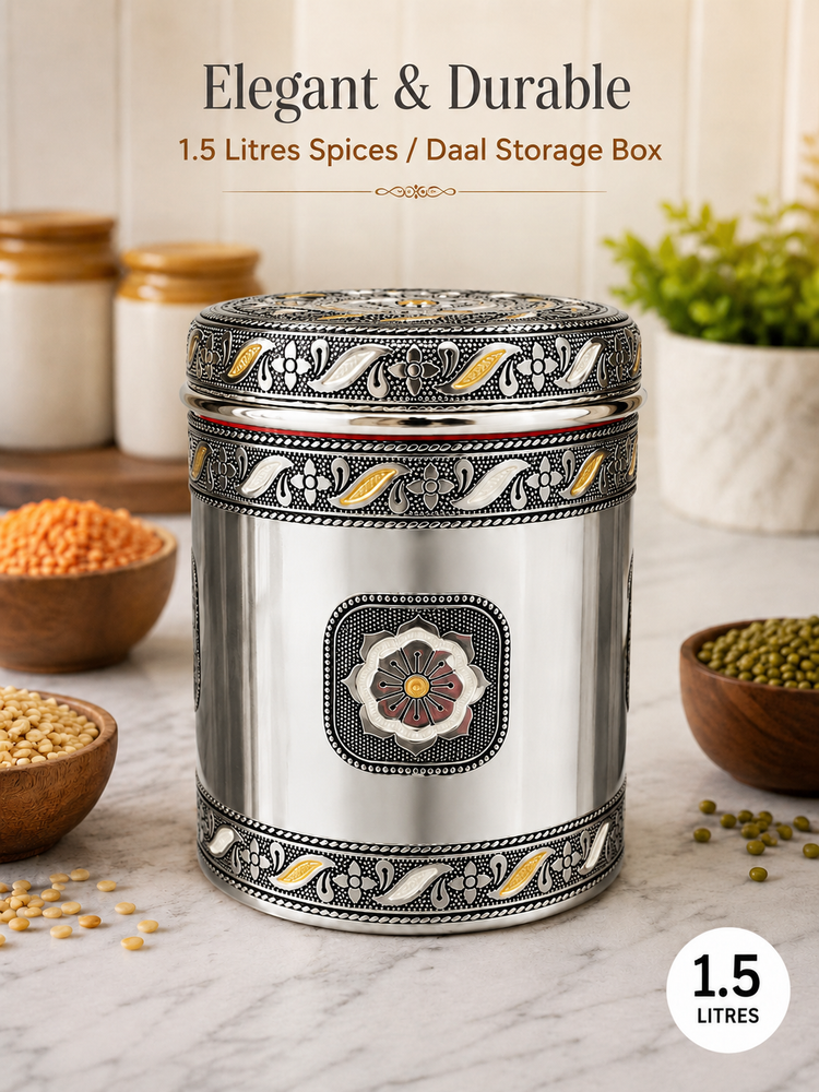 Salem 1.5 Litre 304 Grade Stainless Steel Storage Jar with Airtight Lid | Handmade Etching Work | Premium Spice, Daal & Dry Fruit Container | Food Grade Kitchen Storage Canister