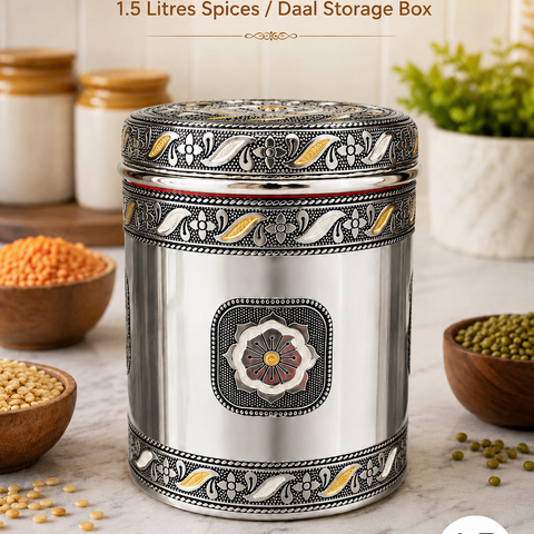 Salem 1.5 Litre 304 Grade Stainless Steel Storage Jar with Airtight Lid | Handmade Etching Work | Premium Spice, Daal & Dry Fruit Container | Food Grade Kitchen Storage Canister