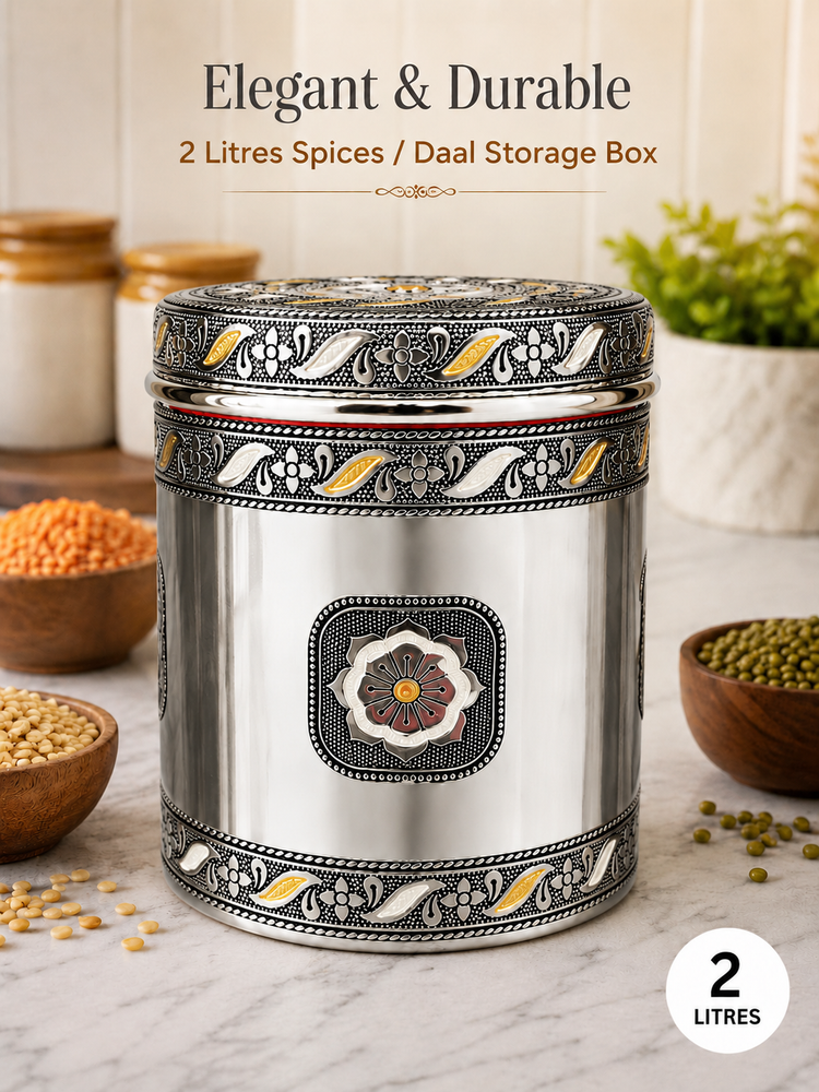 Salem 2 Litre 304 Grade Stainless Steel Storage Jar with Airtight Lid | Handmade Etching Work | Premium Spice, Daal & Dry Fruit Container | Food Grade Kitchen Storage Canister