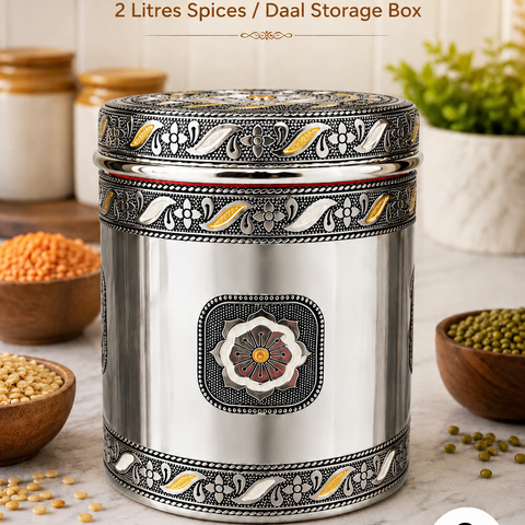 Salem 2 Litre 304 Grade Stainless Steel Storage Jar with Airtight Lid | Handmade Etching Work | Premium Spice, Daal & Dry Fruit Container | Food Grade Kitchen Storage Canister