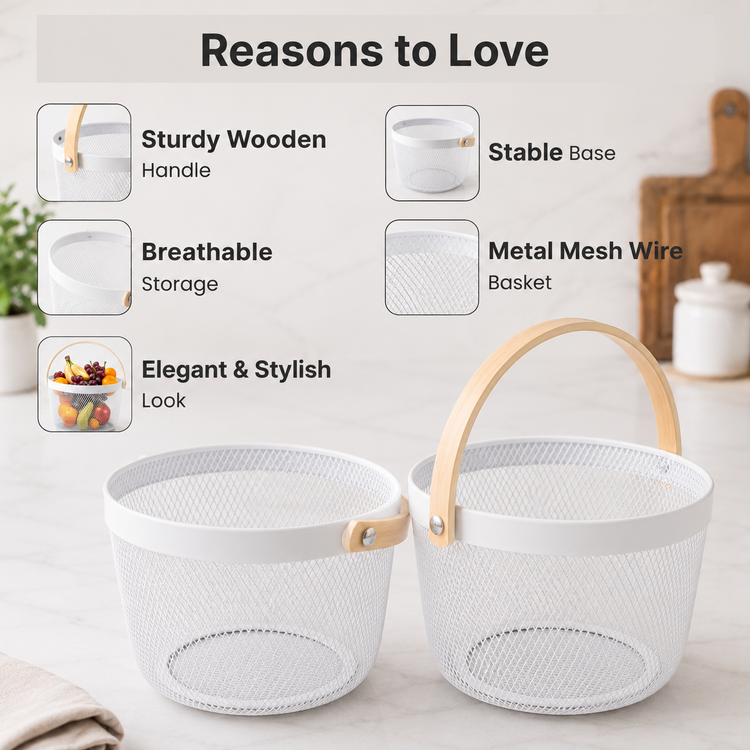 Premium Multipurpose Metal Mesh Storage Basket with Wooden Handle | Fruit Basket, Bathroom Organizer, Kitchen Counter Basket, Vegetable & Utility Storage- White