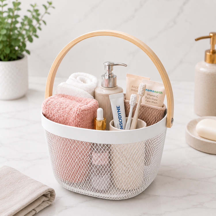 Premium Multipurpose Metal Mesh Storage Basket with Wooden Handle | Fruit Basket, Bathroom Organizer, Kitchen Counter Basket, Vegetable & Utility Storage- White