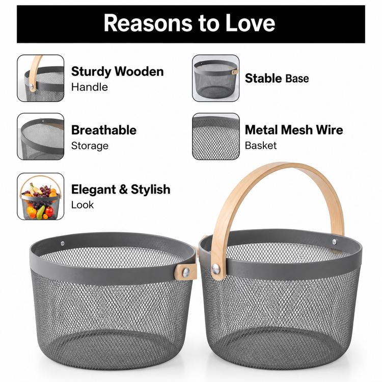 Premium Multipurpose Metal Mesh Storage Basket with Wooden Handle | Fruit Basket, Bathroom Organizer, Kitchen Counter Basket, Vegetable & Utility Storage- Grey