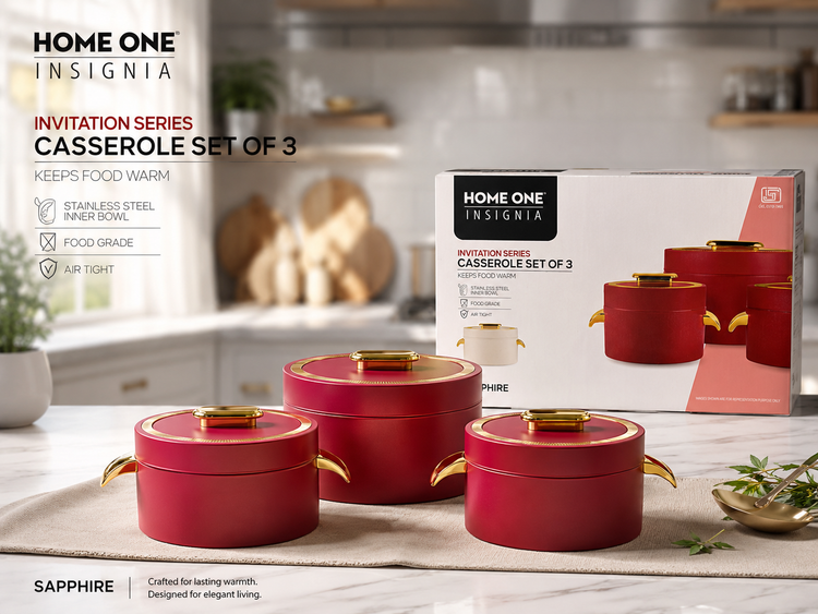 HOME ONE INSIGNIA Invitation Series Casserole Set of 3 (1000ml, 1500ml, 2000ml) | Premium Insulated Hot Food Casserole Set | Stainless Steel Inner Bowl | Air Tight Food Warmer Serving Casserole Set β Sapphire Red