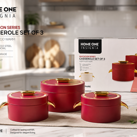 HOME ONE INSIGNIA Invitation Series Casserole Set of 3 (1000ml, 1500ml, 2000ml) | Premium Insulated Hot Food Casserole Set | Stainless Steel Inner Bowl | Air Tight Food Warmer Serving Casserole Set β Sapphire Red