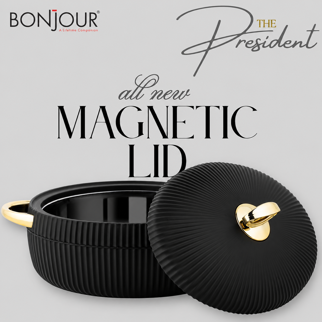 Bonjour President Premium Stainless Steel Casserole Set of 3 with Magnetic Lid (1500ml, 2000ml & 2500ml) | Double Wall Insulated Hot Pot | Elegant Black & Gold Finish