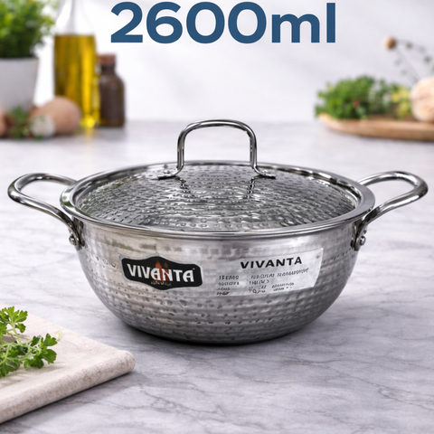 Vivanta 22cm Triply Stainless Steel Kadhai (2.6 Litre) with Glass Lid | Hammered Finish | Induction & Gas Compatible | Heavy Bottom Cookware