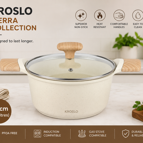 KROSLO Ceramic Dutch Pot 20cm (2.6 Litres) with Glass Lid | Non-Stick Casserole Pot with Wooden Finish Handles | Induction & Gas Stove Compatible
