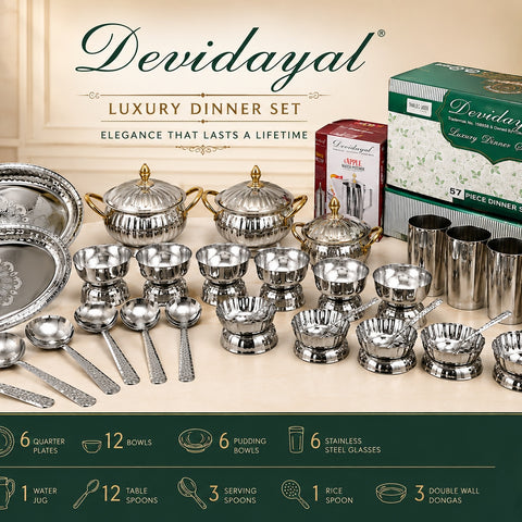 Devidayal 57-Piece Stainless Steel Luxury Dinner Set with Water Jug, Double Wall Donga, Plates, Bowls, Glasses & Spoons | Premium Family Dining Set for 6