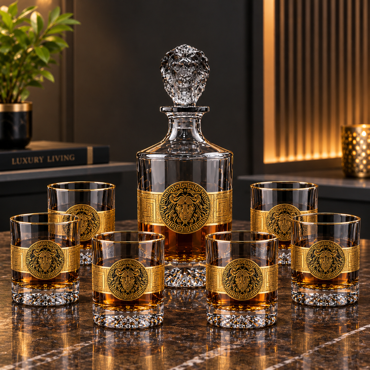 Luxury Black Tinted Lion Decanter with 6 Matching Whiskey Glasses | Premium 7-Piece Bar Set for Home & Gifting