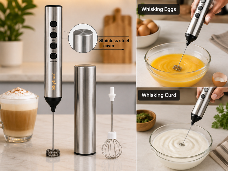 Skyline Wireless Milk Frother with 1200mAh Rechargeable Battery, 3-Speed Control, Stainless Steel Whisk & Cover, Dual Whisk Attachments, USB Type-C Charging, One-Touch Operation