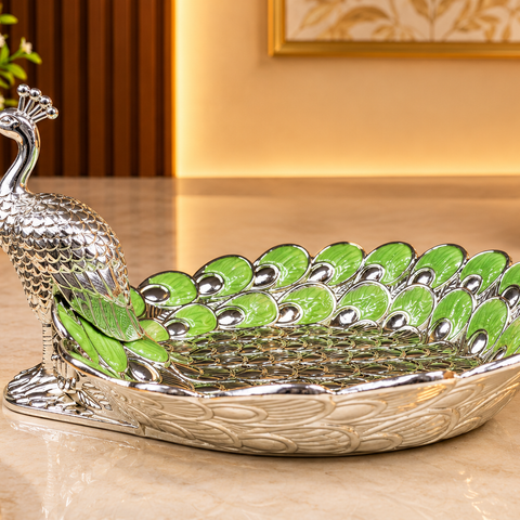 Luxury Peacock Dry Fruit Bowl | Silver Finish Decorative Dry Fruit Serving Tray with Green Enamel Detailing | Premium Tabletop Gift & Home DΓ©cor