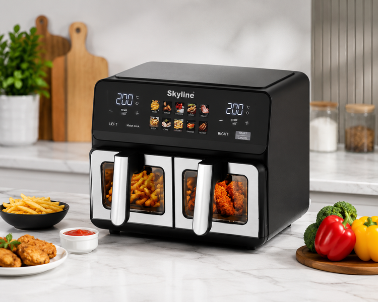Skyline Digital Dual Basket Air Fryer 10L (5L + 5L) | 2400W | Digital Touch Control | Independent Cooking | See-Through Glass Windows | 80–200°C | 1–60 Min Timer | 1 Year Warranty