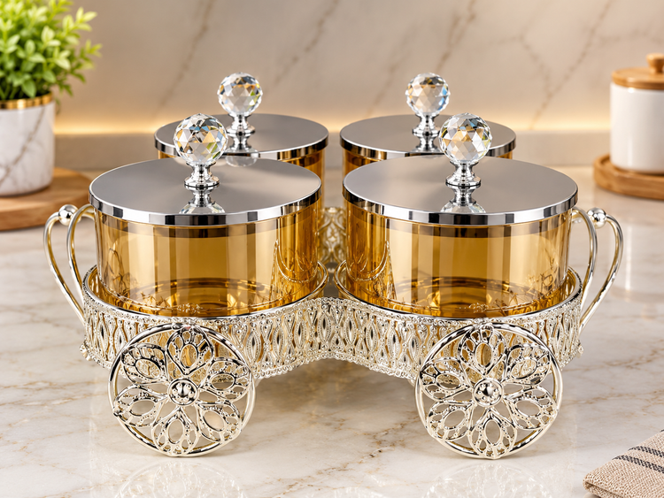 Luxury Gold-Tinted Glass Condiment Jar Set with Stainless Steel Lids & Crystal Knobs in Ornate Decorative Trolley Stand – 4 Pieces