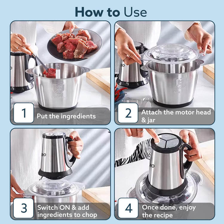 AGARO Delite Vegetable & Meat Chopper for Kitchen, Garlic Peeler, Egg Whisker, 2L Bowl, 400W Motor, 3 Speed Settings, Meat Grinder, Vegetable Mixer, Stainless Steel Body, Onion, Garlic, Fruits.