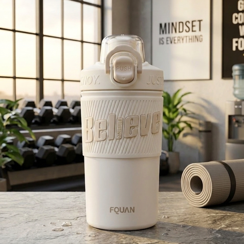 480ml Insulated Stainless Steel Gym Shaker Bottle | 304 Grade Double Wall Vacuum Protein Shaker | Leakproof BPA-Free Sports Water Bottle with Easy Carry Handle & Push Button Lid | Hot & Cold Flask-White