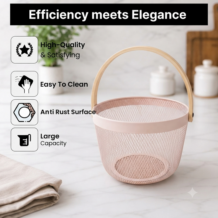 Premium Multipurpose Metal Mesh Storage Basket with Wooden Handle | Fruit Basket, Bathroom Organizer, Kitchen Counter Basket, Vegetable & Utility Storage- Pink