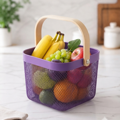 Premium Multipurpose Metal Mesh Storage Basket with Wooden Handle | Fruit Basket, Bathroom Organizer, Kitchen Counter Basket, Vegetable & Utility Storage- Purple