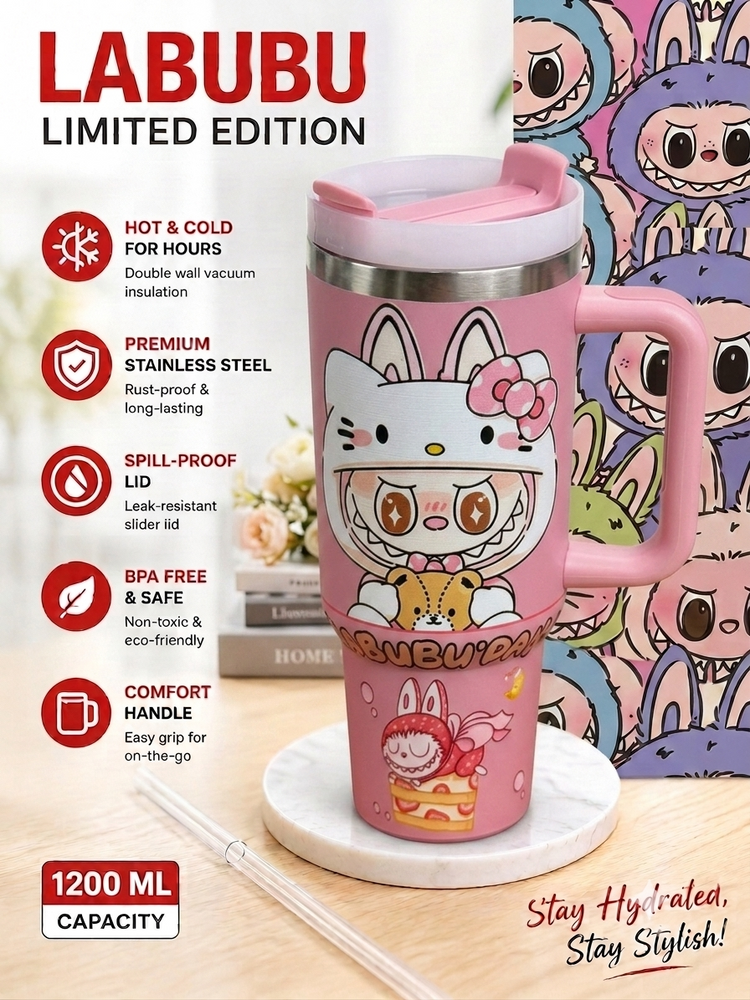 1200ml Labubu Limited Edition Stainless Steel Insulated Tumbler with Handle, Lid & Reusable Straw | Double Wall Vacuum Travel Mug | Hot & Cold Coffee Cup | BPA Free (Copy)