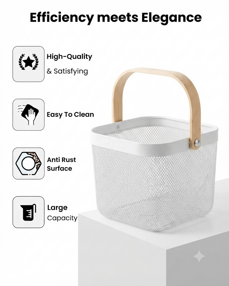 Premium Multipurpose Metal Mesh Storage Basket with Wooden Handle | Fruit Basket, Bathroom Organizer, Kitchen Counter Basket, Vegetable & Utility Storage- White