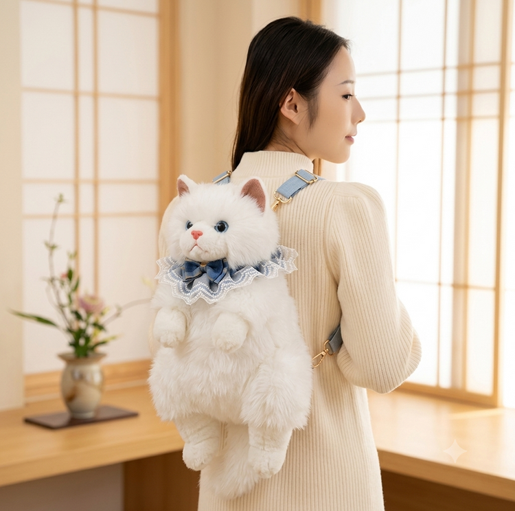 Realistic White Plush Ragdoll Cat Backpack | Soft Faux Fur Stuffed Cat Shoulder Bag with Lace Bow | Cute School, Travel, Cosplay & Birthday Gift