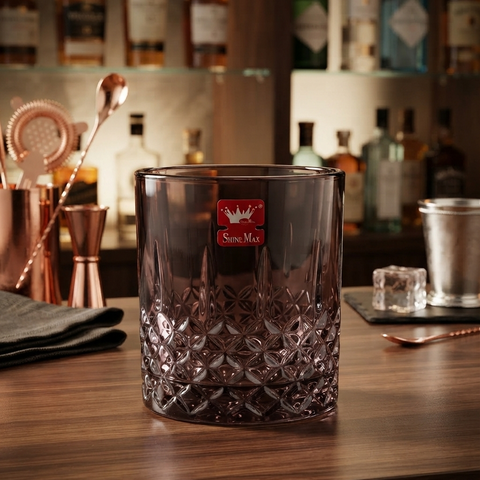 SHINEMAX 400ml Black Tint Whisky Glass Set of 6 | Premium Diamond Cut Drinking Glasses | Whiskey, Juice & Cocktail Glasses | Elegant Luxury Barware Set