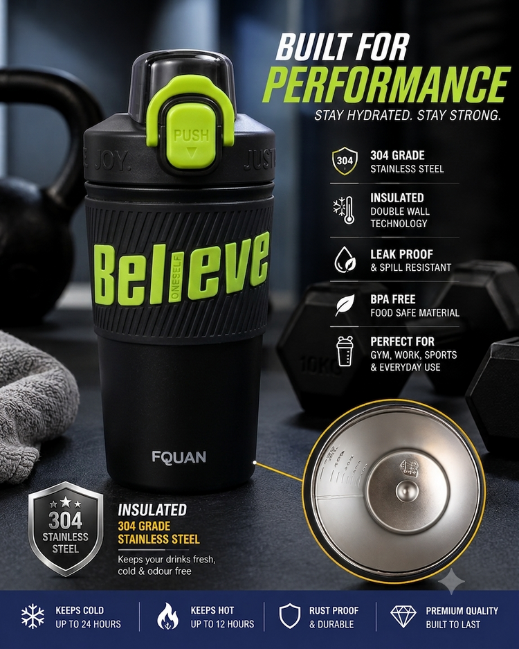 480ml Insulated Stainless Steel Gym Shaker Bottle | 304 Grade Double Wall Vacuum Protein Shaker | Leakproof BPA-Free Sports Water Bottle with Easy Carry Handle & Push Button Lid | Hot & Cold Flask-Black
