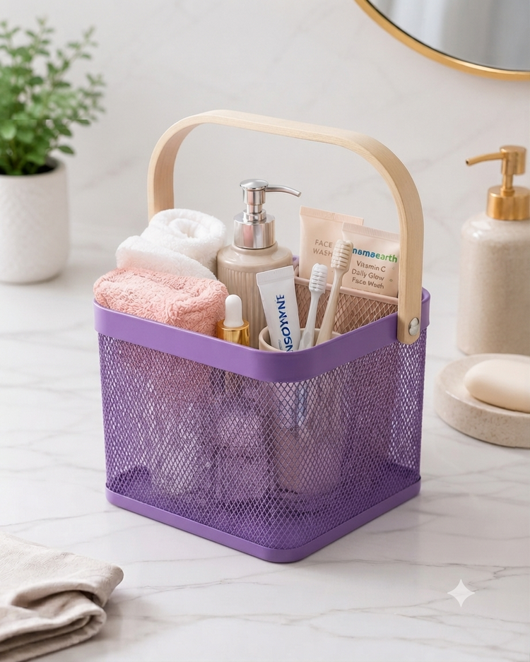 Premium Multipurpose Metal Mesh Storage Basket with Wooden Handle | Fruit Basket, Bathroom Organizer, Kitchen Counter Basket, Vegetable & Utility Storage- Purple